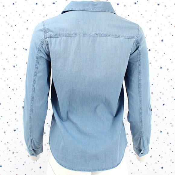 Chambray Denim Shirt Button Up Light Blue - Picture 6 of 7